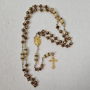 Gold and Brown Rosary Necklace with Pearl Accent - Unbranded